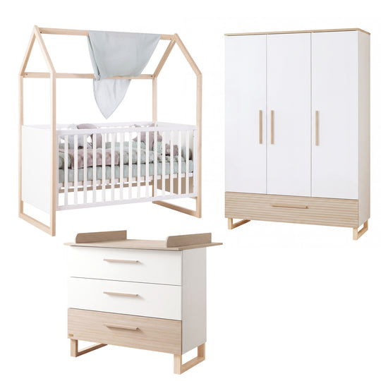 Kinderzimmerset 'Noah' 3-teilig mit Hausbett in 70x140 cm - Weiß / Tristan Eiche