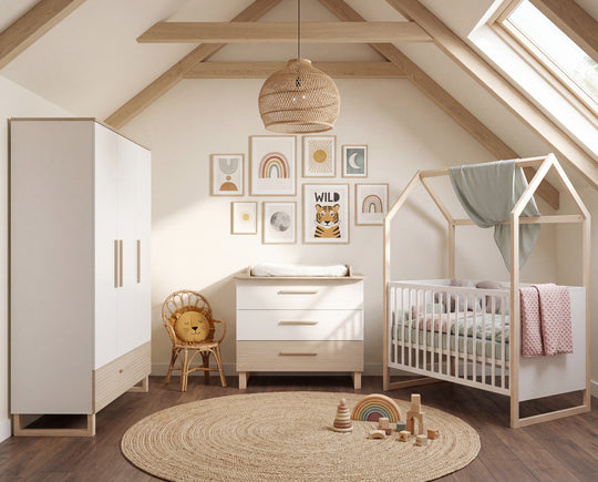 Kinderzimmerset 'Noah' 3-teilig mit Hausbett in 70x140 cm - Weiß / Tristan Eiche