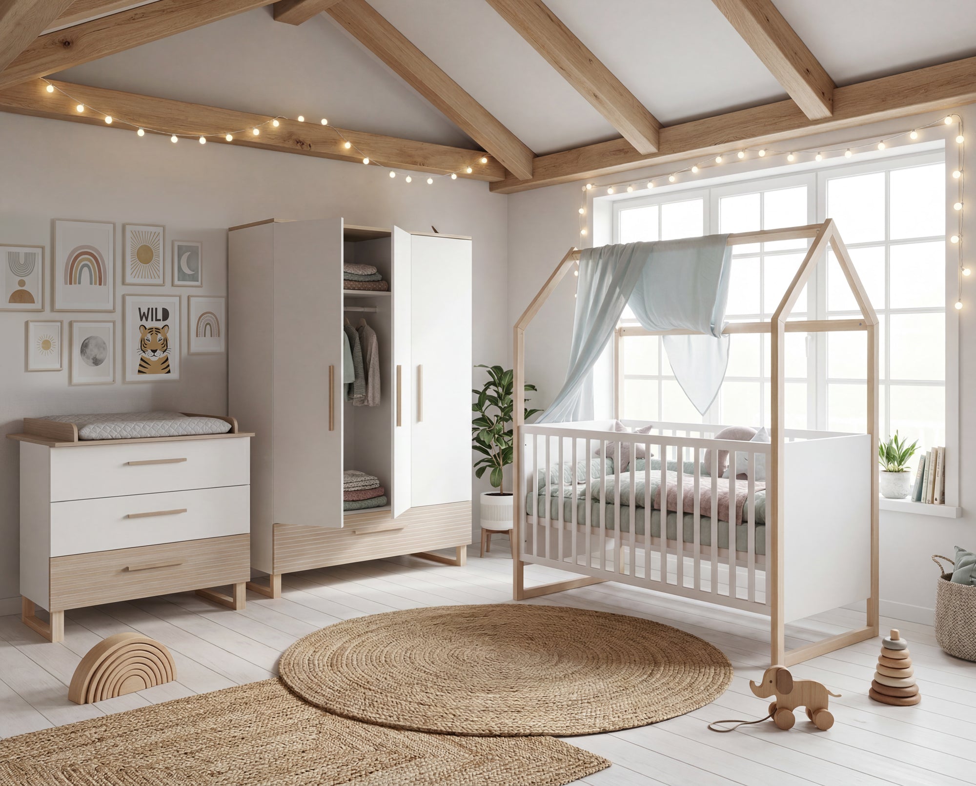 Children's Room Set 'Noah' 3-Piece with House Bed in 70x140 cm - White / Tristan Oak – Lifestyle Image (1/31)