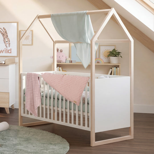 Kinderzimmerset 'Noah' 3-teilig mit Hausbett in 70x140 cm - Weiß / Tristan Eiche