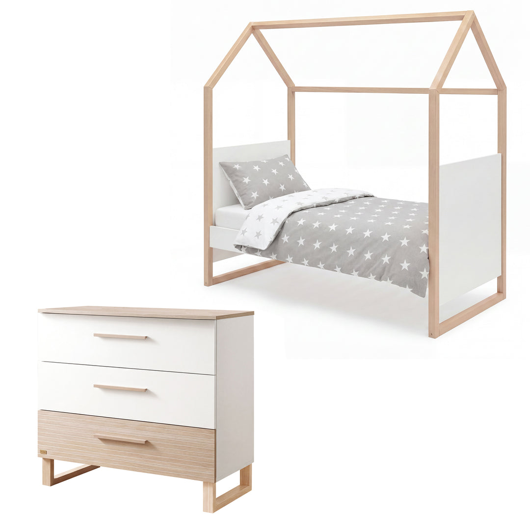 Kinderzimmerset 'Noah' 3-teilig mit Hausbett in 70x140 cm - Weiß / Tristan Eiche