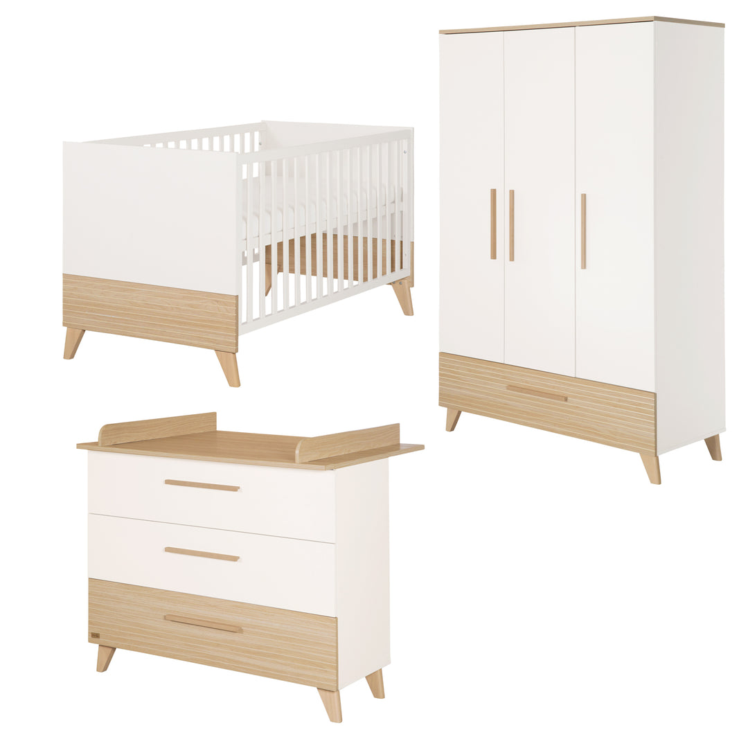 Babyzimmerset 'Theo' 3-teilig - Bett 70x140 + Wickelkommode + Kleiderschrank - Weiß / Eiche