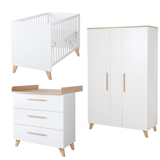 Chambre bébé Leon 3 pc – Lit bébé & cododo 60x120 + Commode à langer + Armoire 2,5 portes – Blanc / Chêne Othello