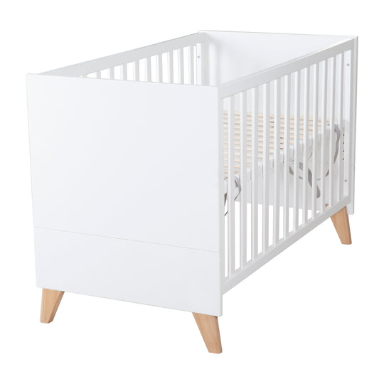 Chambre bébé Leon 3 pc – Lit bébé & cododo 60x120 + Commode à langer + Armoire 2,5 portes – Blanc / Chêne Othello