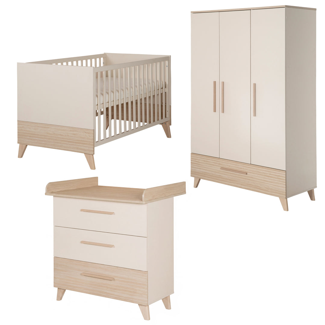 Ensemble de meubles pour bébé ‘Sidney’ 3 pièces – Pieds et poignées en bois massif – Cachemire / Chêne