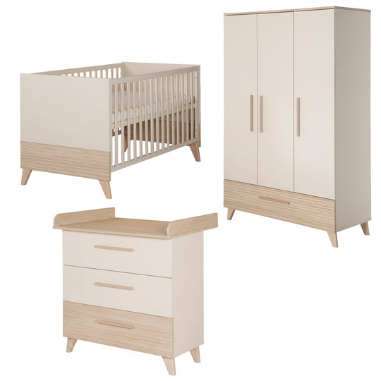 Ensemble de meubles pour bébé ‘Sidney’ 3 pièces – Pieds et poignées en bois massif – Cachemire / Chêne