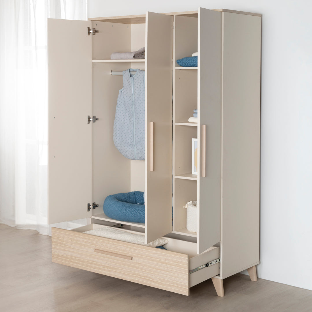 Ensemble de meubles pour bébé ‘Sidney’ 3 pièces – Pieds et poignées en bois massif – Cachemire / Chêne
