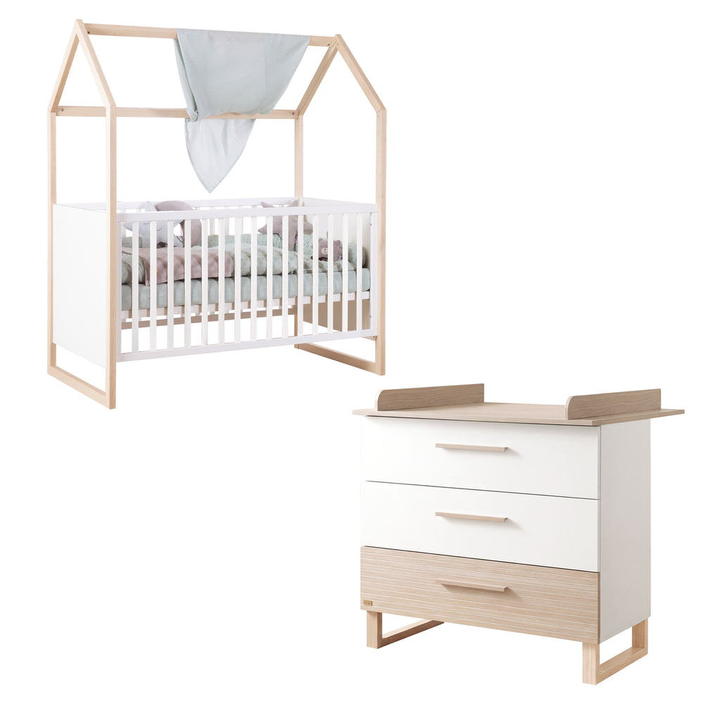 Kinderzimmerset 'Noah' 2-teilig mit Hausbett in 70x140 cm - Weiß / Tristan Eiche