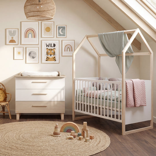 Kinderzimmerset 'Noah' 2-teilig mit Hausbett in 70x140 cm - Weiß / Tristan Eiche