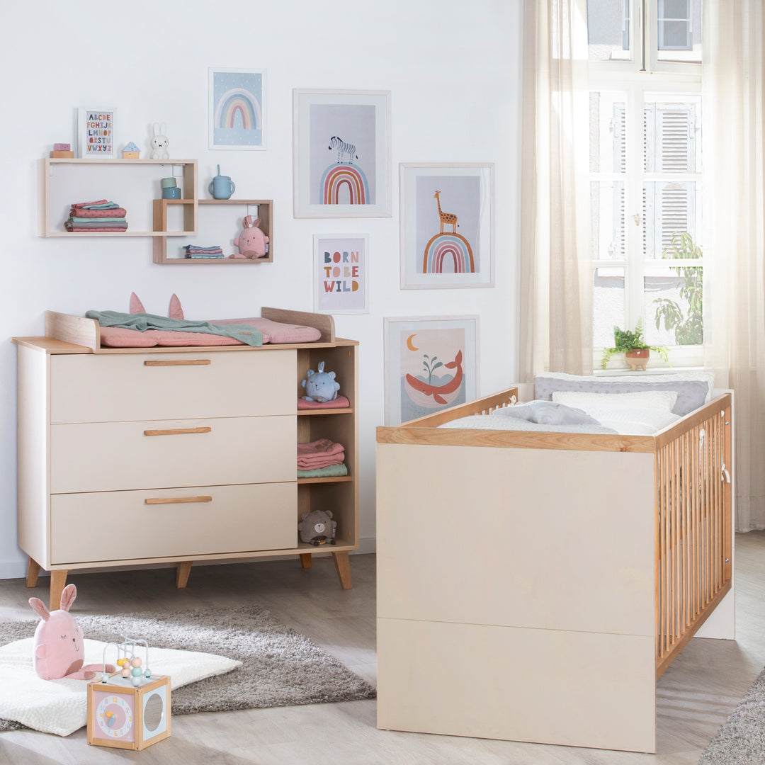 Set di mobili 'Jil' 2 pezzi - Letto per bambini combinato 70x140cm + Comò fasciatoio - Cashmere / Chestnut