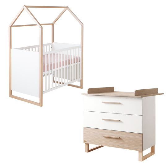 Babymöbelset 'Noah' 2-teilig mit Hausbett in 60x120 cm - Weiß / Tristan Eiche – Freisteller (1/16)