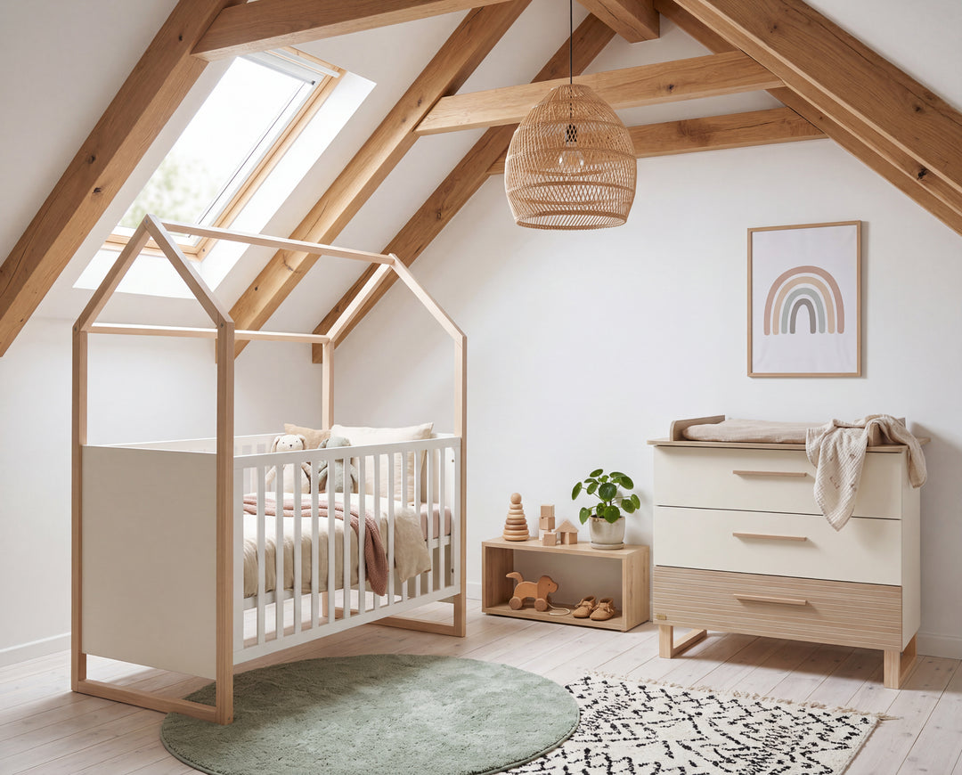 Babymöbelset 'Noah' 2-teilig mit Hausbett in 60x120 cm - Weiß / Tristan Eiche – Milieubild (2/16)