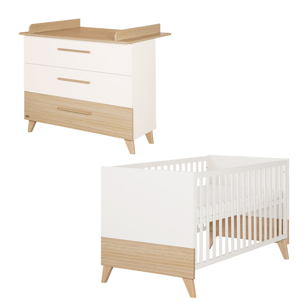 Möbelset 'Theo' 2-teilig - Umbaubares Babybett 70x140 + Wickelkommode - Weiß / Eiche