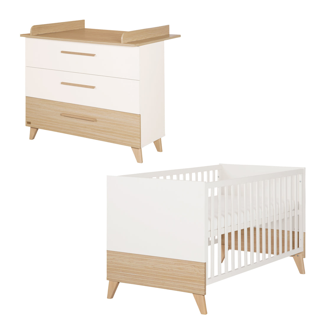 Möbelset 'Theo' 2-teilig - Umbaubares Babybett 70x140 + Wickelkommode - Weiß / Eiche