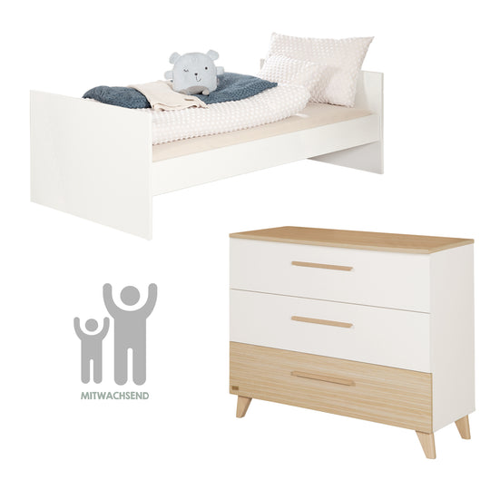 Möbelset 'Theo' 2-teilig - Umbaubares Babybett 70x140 + Wickelkommode - Weiß / Eiche