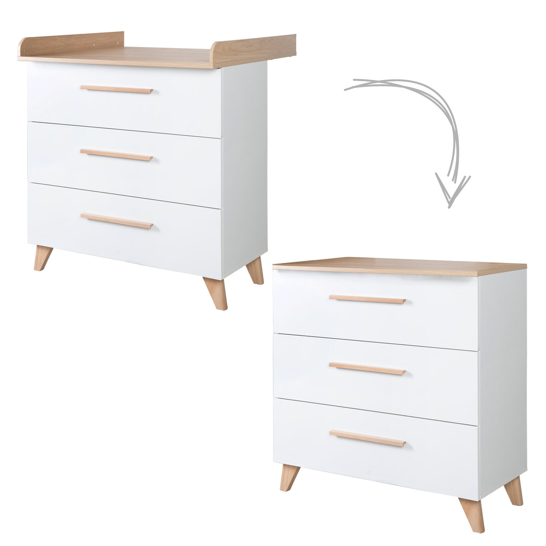 Ensemble de meubles Leon 2 pc – Lit évolutif 70x140 + Commode à langer – Blanc / Chêne Othello
