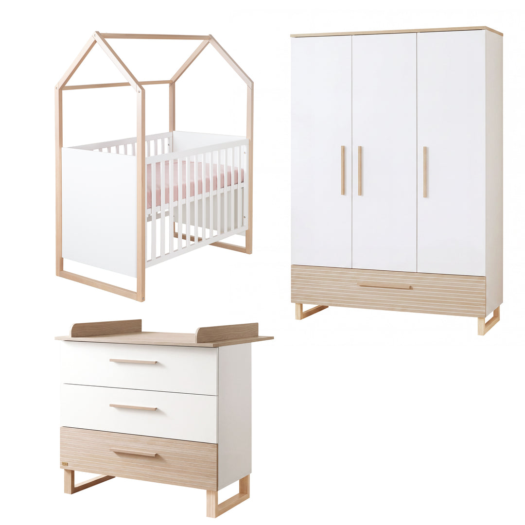 Babyzimmerset 'Noah' 3-teilig mit Hausbett in 60x120 cm - Weiß / Tristan Eiche – Freisteller (1/25)