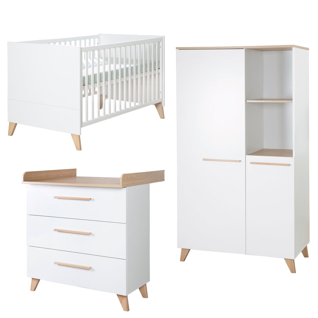 Babyzimmer Set 'Leon' 3-teilig - Kombi-Bett 70x140 + Wickelkommode + Kleiderschrank 2-türig - Weiß / Othello Eiche