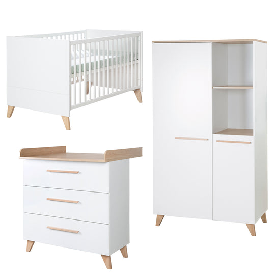 Babyzimmer Set 'Leon' 3-teilig - Kombi-Bett 70x140 + Wickelkommode + Kleiderschrank 2-türig - Weiß / Othello Eiche