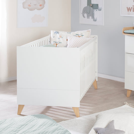 Babyzimmer Set 'Leon' 3-teilig - Kombi-Bett 70x140 + Wickelkommode + Kleiderschrank 2-türig - Weiß / Othello Eiche