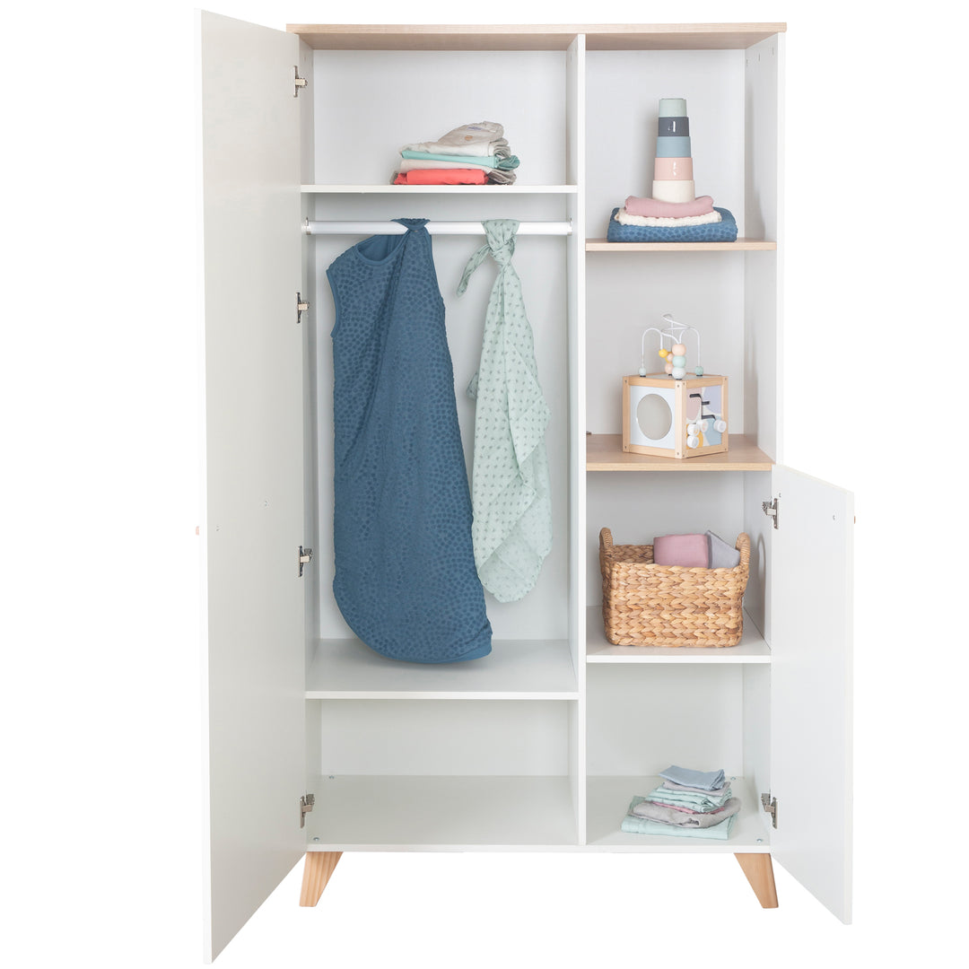 Babyzimmer Set 'Leon' 3-teilig - Kombi-Bett 70x140 + Wickelkommode + Kleiderschrank 2-türig - Weiß / Othello Eiche