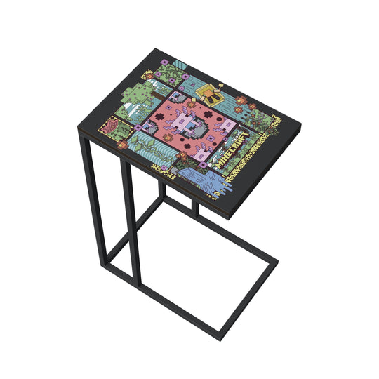 Mesa auxiliar en forma de C 'Minecraft' – Metal negro lacado – Estampado pixelado