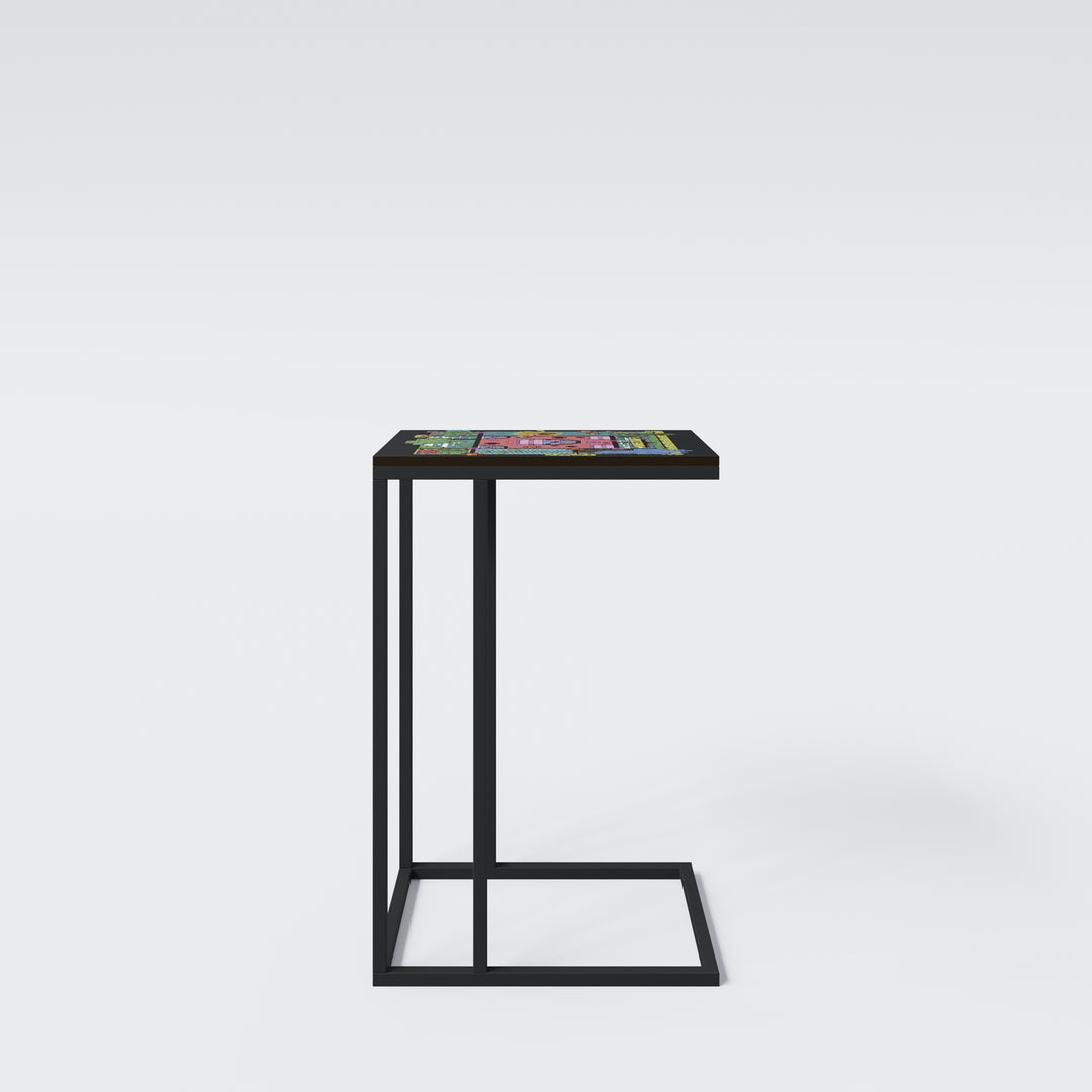 Mesa auxiliar en forma de C 'Minecraft' – Metal negro lacado – Estampado pixelado