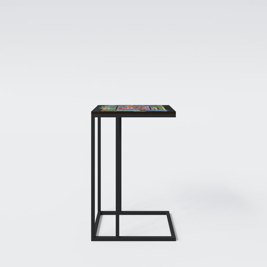 Mesa auxiliar en forma de C 'Minecraft' – Metal negro lacado – Estampado pixelado