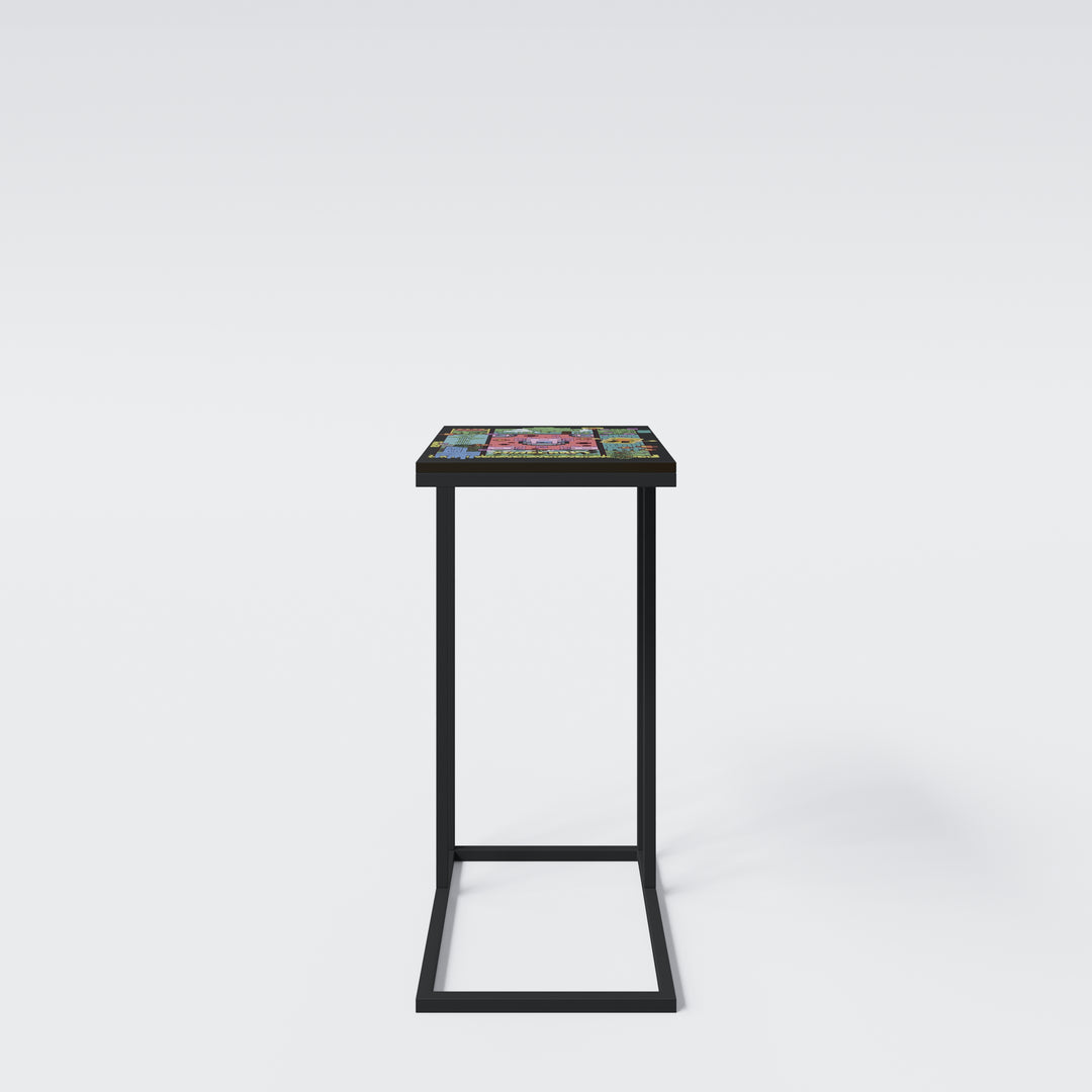 Mesa auxiliar en forma de C 'Minecraft' – Metal negro lacado – Estampado pixelado