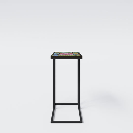 Mesa auxiliar en forma de C 'Minecraft' – Metal negro lacado – Estampado pixelado