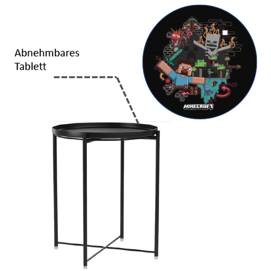 Table d'appoint ronde 'Minecraft' avec plateau amovible – Motif pixellisé – Noir