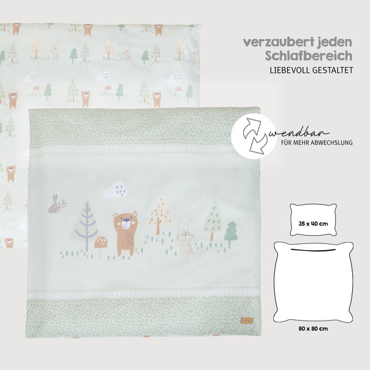 Bassinet Bedding 'Woodland Buddies' 80 x 80 cm - Cotton Covers - Pastel Green