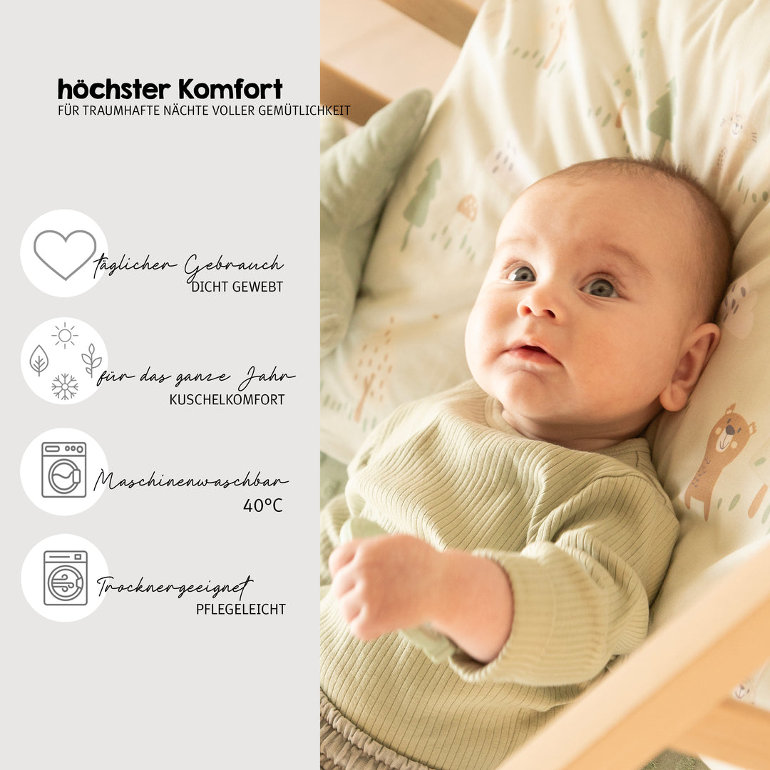 Bassinet Bedding 'Woodland Buddies' 80 x 80 cm - Cotton Covers - Pastel Green