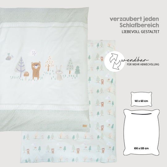 Children's bed linen 'Woodland Buddies' - cover 100 x 135 cm - pastel green
