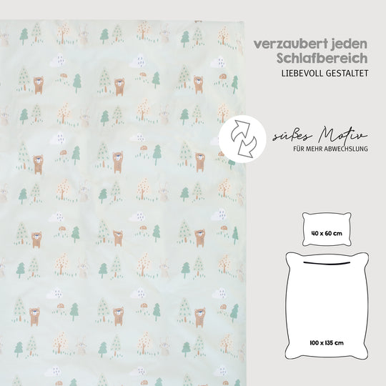 Biancheria da letto 'Woodland Buddies' - copripiumino 100 x 135 cm + cuscino 40 x 60 cm - verde pastello