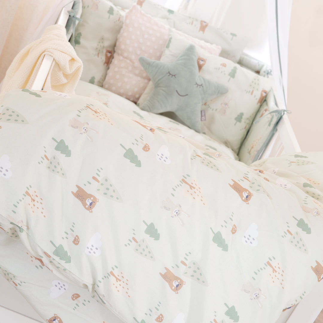Children's Bedding Set 'Woodland Buddies' 4-Piece - Canopy, Bumper & Bedding - Pastel Green