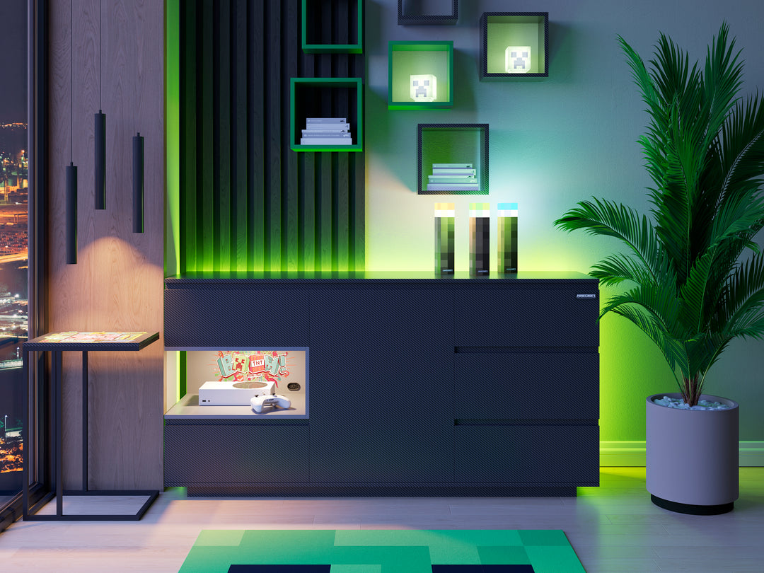 Buffet 'Minecraft' avec 5 tiroirs et 1 porte - étagère ouverte pour console - anthracite