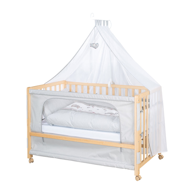 Co-sleeping Cot 'Jumbo twins grey' 60 x 120 cm + Textile Accessories - Natural Wood