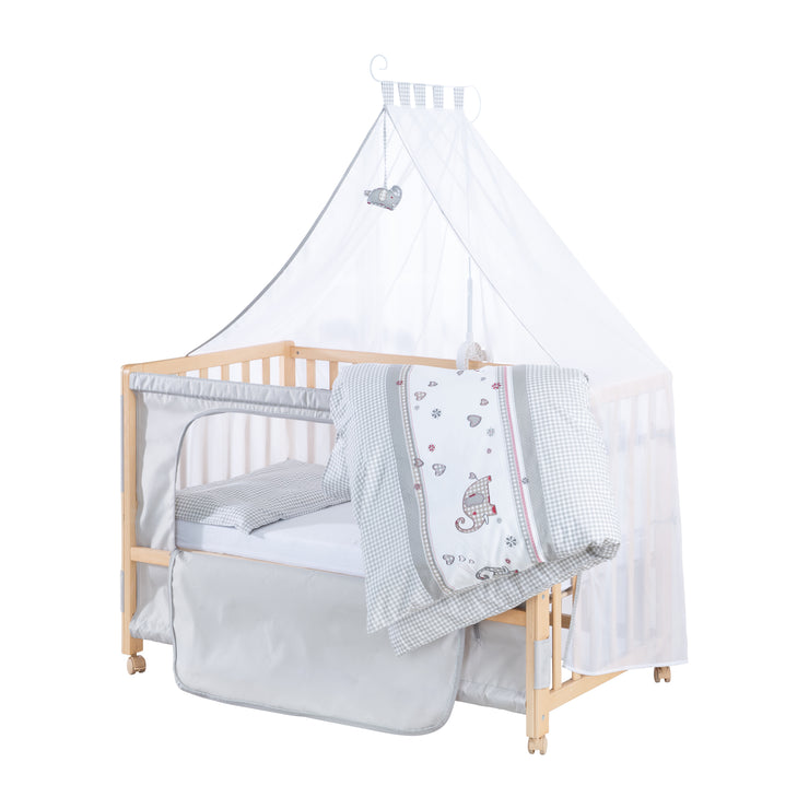Co-sleeping Cot 'Jumbo twins grey' 60 x 120 cm + Textile Accessories - Natural Wood
