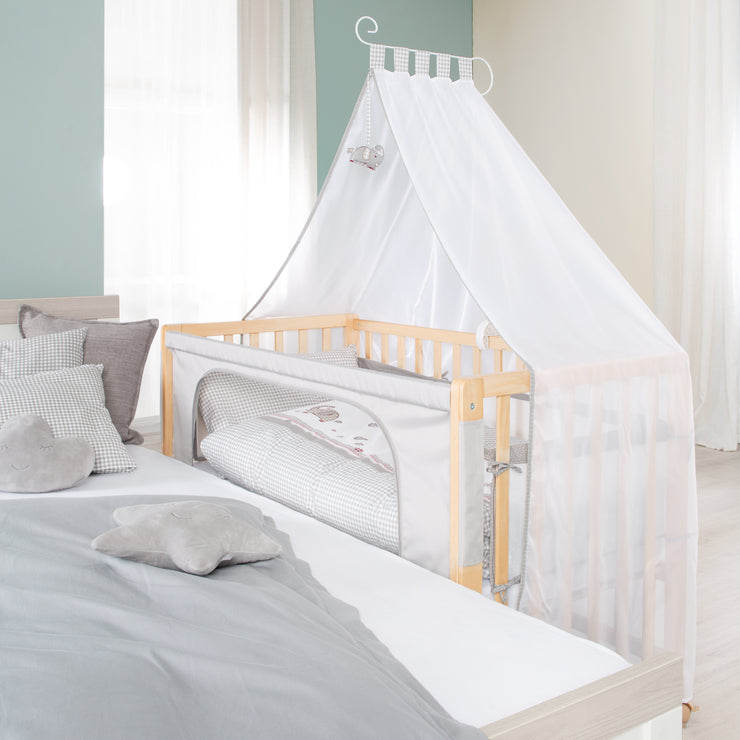 Co-sleeping Cot 'Jumbo twins grey' 60 x 120 cm + Textile Accessories - Natural Wood