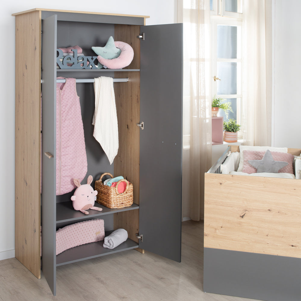 Armoire pour enfants 2 portes 'Anna' - Anthracite / Décor chêne Kent