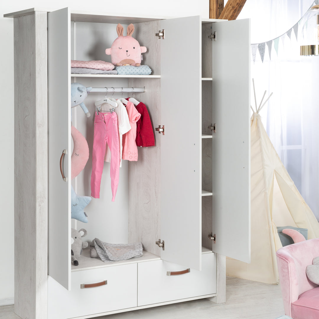 Armadio 'Mila', a 3 ante, con 2 cassetti, tecnologia Soft Close, armadio a battente, grigio/bianco