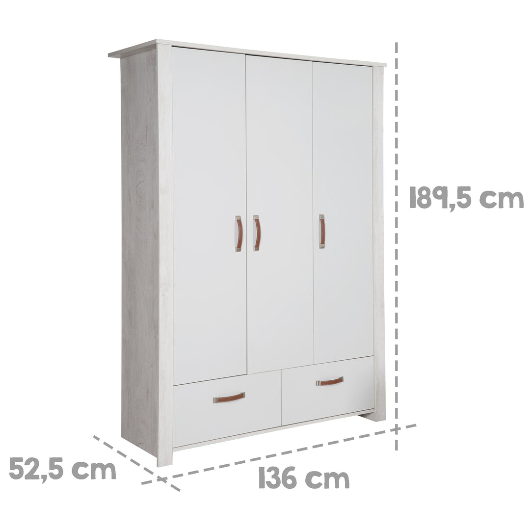 Armadio 'Mila', a 3 ante, con 2 cassetti, tecnologia Soft Close, armadio a battente, grigio/bianco