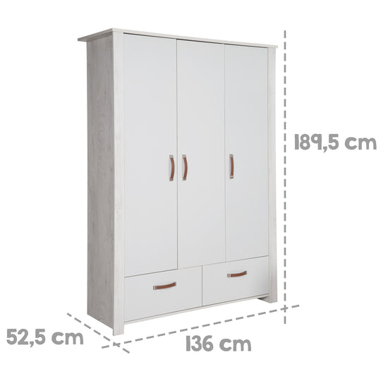 Armadio 'Mila', a 3 ante, con 2 cassetti, tecnologia Soft Close, armadio a battente, grigio/bianco