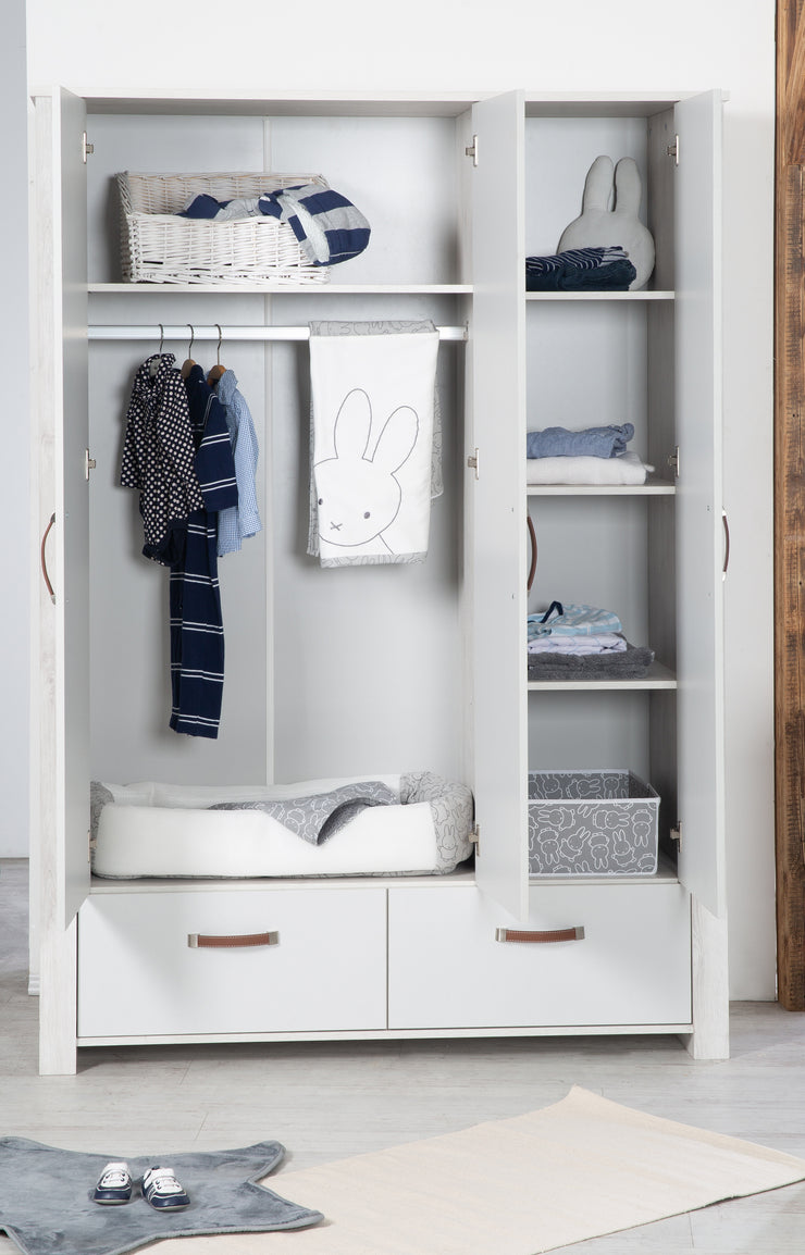 Wardrobe 'Mila', 3 doors, 2 drawers, soft close technology, revolving door cabinet, grey/white