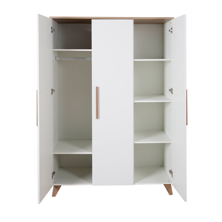 Wardrobe 'Ole' 3 Doors with Wooden Handles & Feet - White / Oak Decor