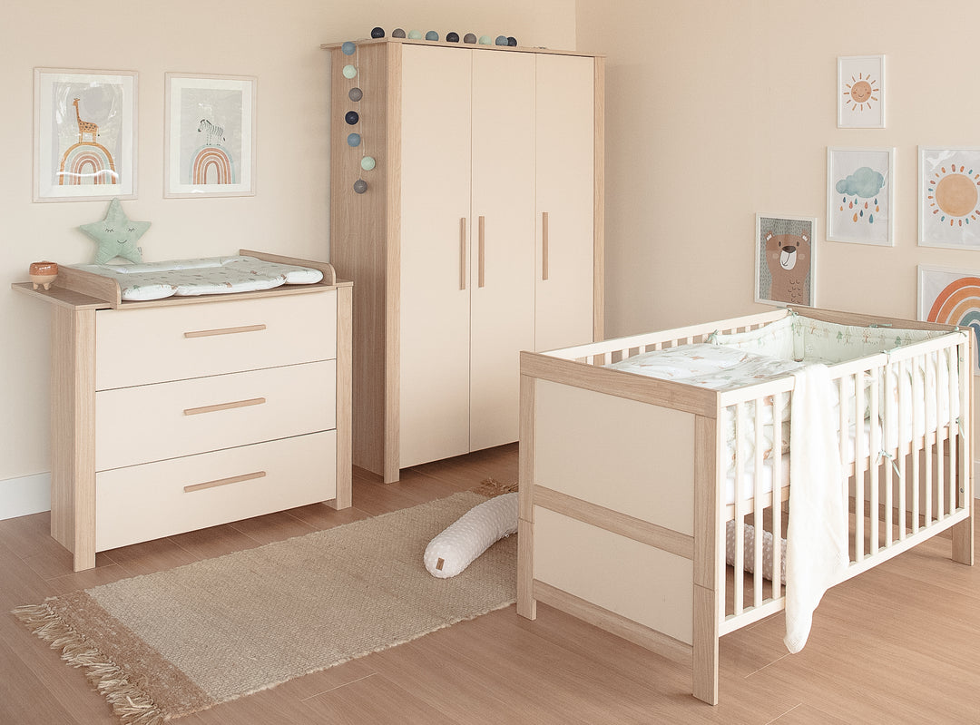 3-door Children's Wardrobe 'Momo' with Solid Wood Handles - Cashmere / Tristan Oak