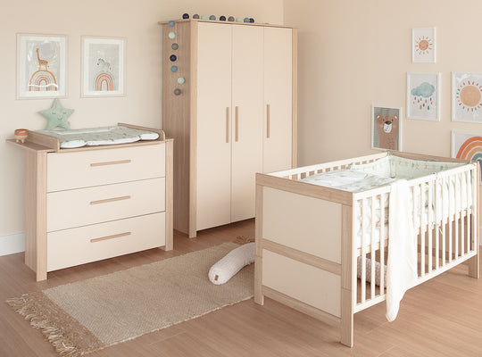 3-door Children's Wardrobe 'Momo' with Solid Wood Handles - Cashmere / Tristan Oak