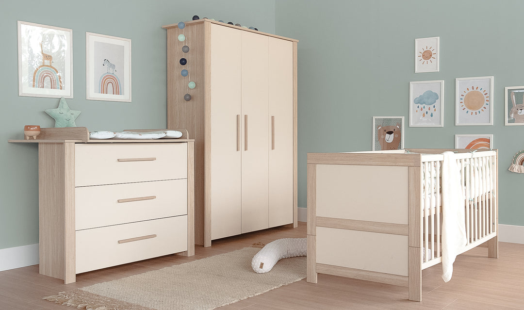3-door Children's Wardrobe 'Momo' with Solid Wood Handles - Cashmere / Tristan Oak