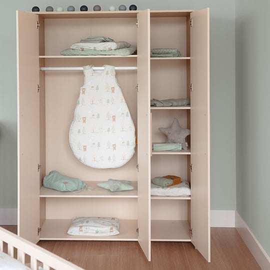 3-door Children's Wardrobe 'Momo' with Solid Wood Handles - Cashmere / Tristan Oak